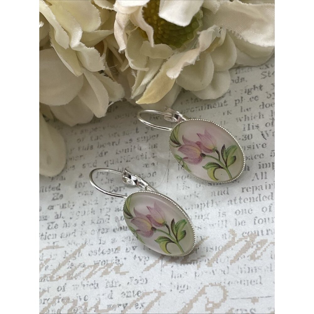 Frosted Tulip Pink Gift Silver Boutique French Wire Earrings Wedding Anniversary - Picture 9 of 14